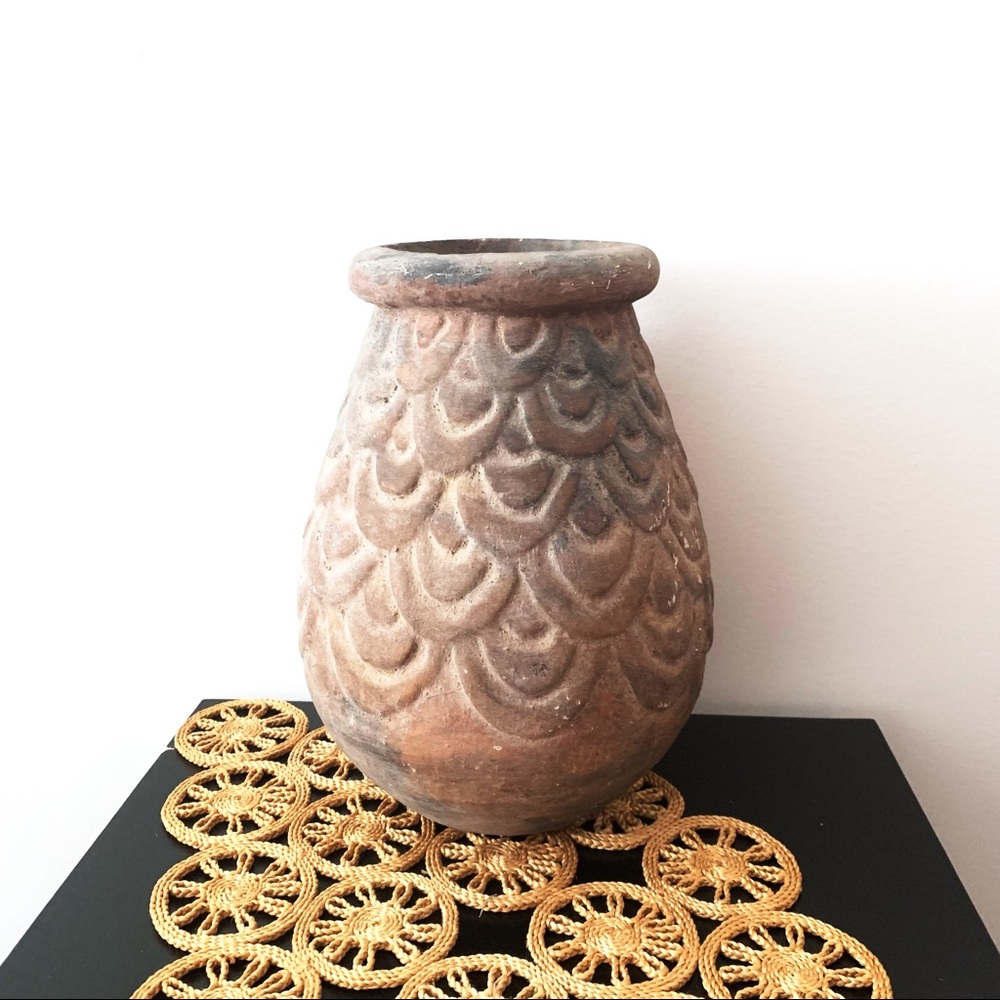 Vintage Large Heavy Clay Vessel Scallop Design